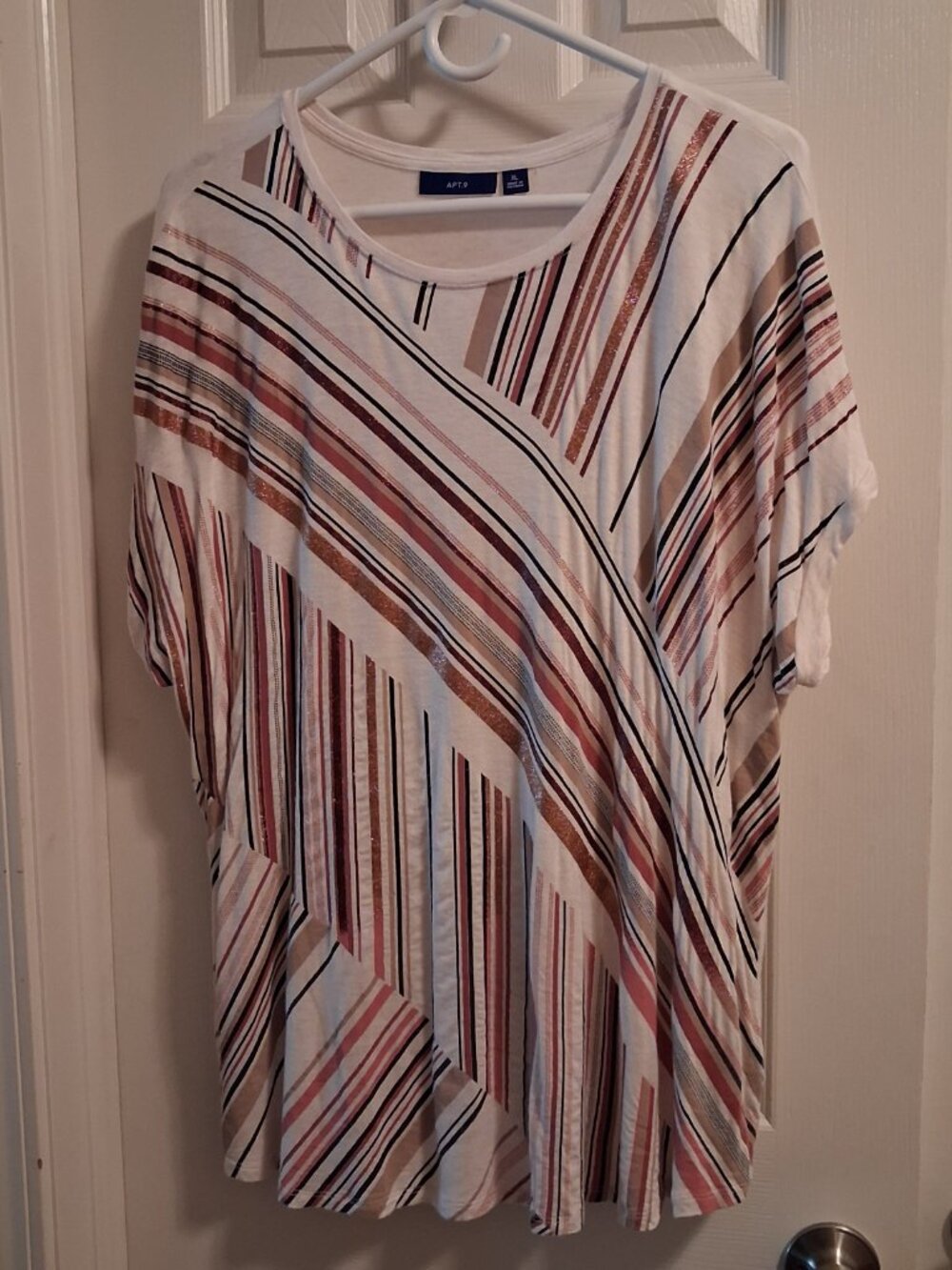 Apt. 9 Women’s Cream Striped Glitter Knit Crew Neck Cap Sleeve Top Sz XL EUC